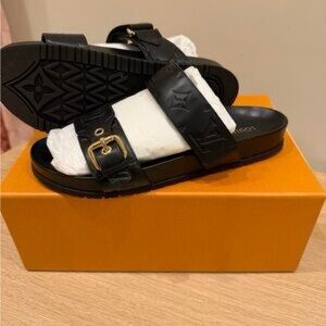 Louis Vuitton Black Embossed Double-Strap Buckle Mules
